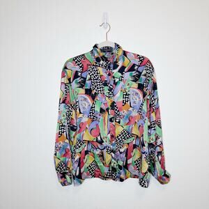Vintage 1990's Louis Feraud Abstract Bold Geometric Silk Top Blouse Size 12